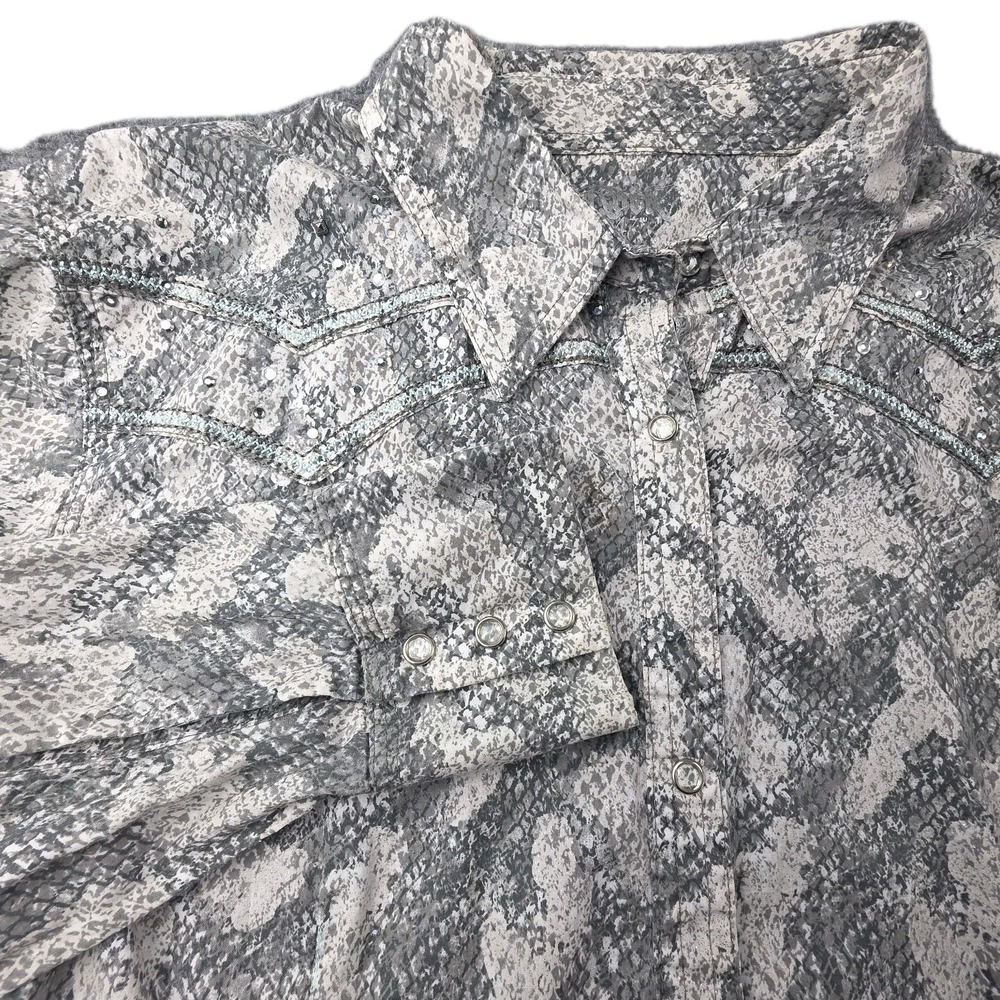 Wrangler Rock 47 Women Shirt XL Pearl Snap Snakeskin Rhinestone Embroidered Gray